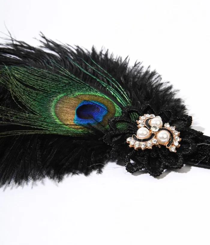 1920s Peacock Feather and Pearl Gem Flapper Headband Accessories Unique Vintage Headbands