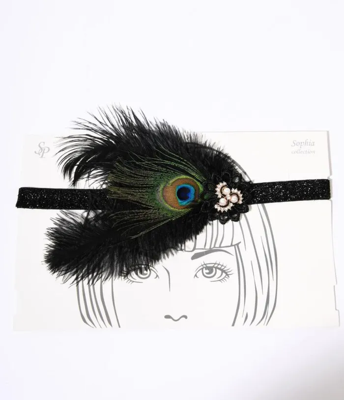 1920s Peacock Feather and Pearl Gem Flapper Headband Accessories Unique Vintage Headbands