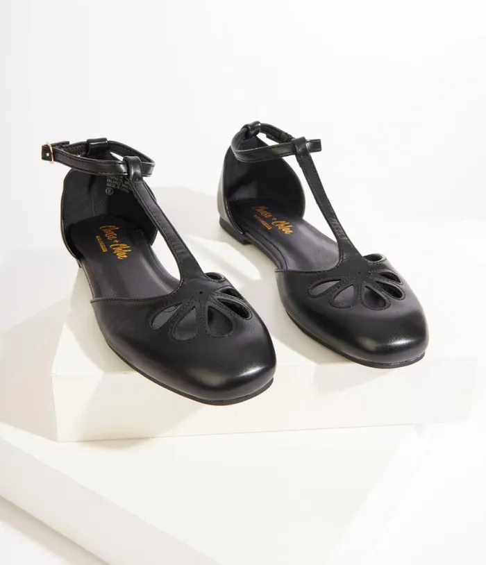 1920s Style Black Leatherette TStrap Flats Shoes Unique Vintage Flats