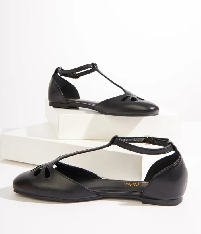 1920s Style Black Leatherette TStrap Flats Shoes Unique Vintage Flats