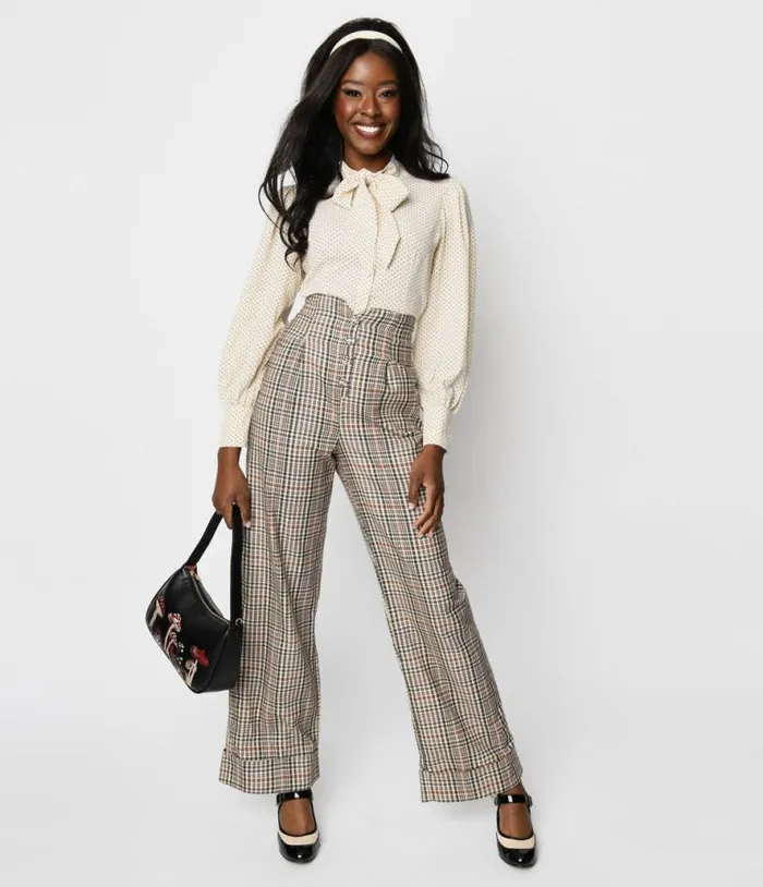 1940s Beige Plaid Buttoned Wide Leg Trousers ClothingPlus Unique Vintage Pants