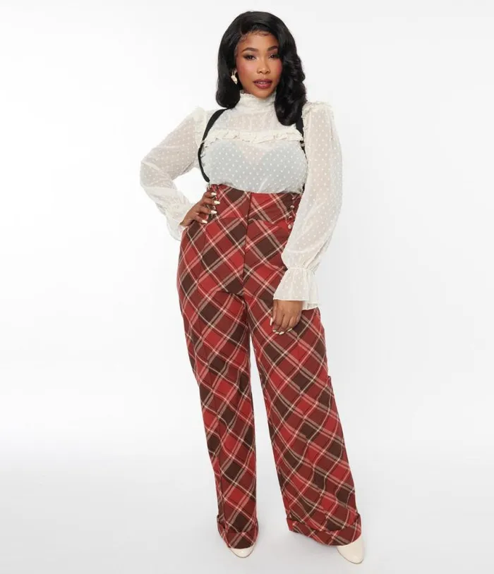 1940s Red and Brown Plaid Wide Leg Suspender Pants ClothingPlus Unique Vintage Pants