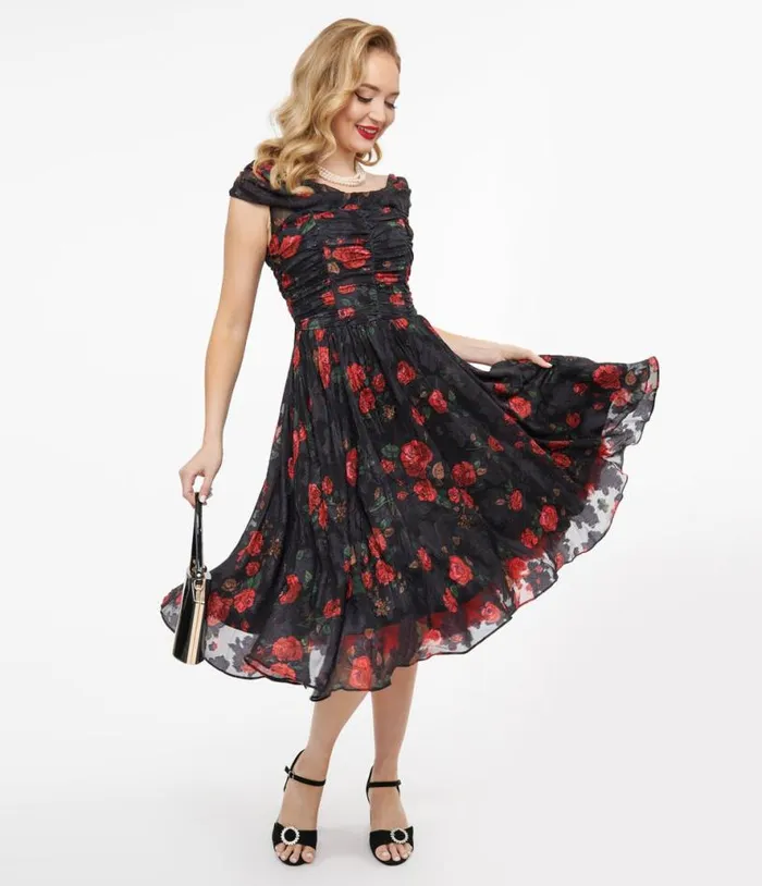 1950s Black and Red Rose Off The Shoulder Cocktail Dress Dresses Unique Vintage Swing 1950s Black and Red Rose Off The Shoulder Cocktail Dress Dresses Unique Vintage Swing