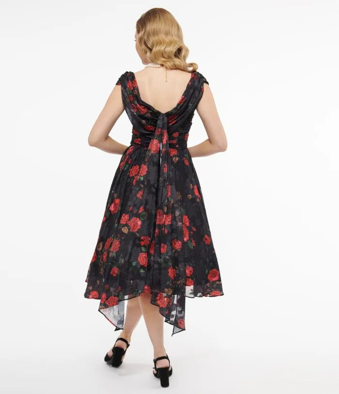 1950s Black and Red Rose Off The Shoulder Cocktail Dress Dresses Unique Vintage Swing