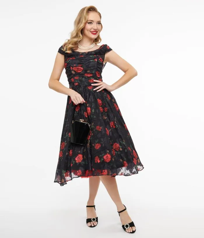 1950s Black and Red Rose Off The Shoulder Cocktail Dress Dresses Unique Vintage Swing
