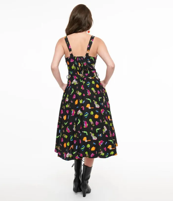 1950s Black Zombie Print Lori Swing Dress DressesHalloween Unique Vintage Pocket Dresses