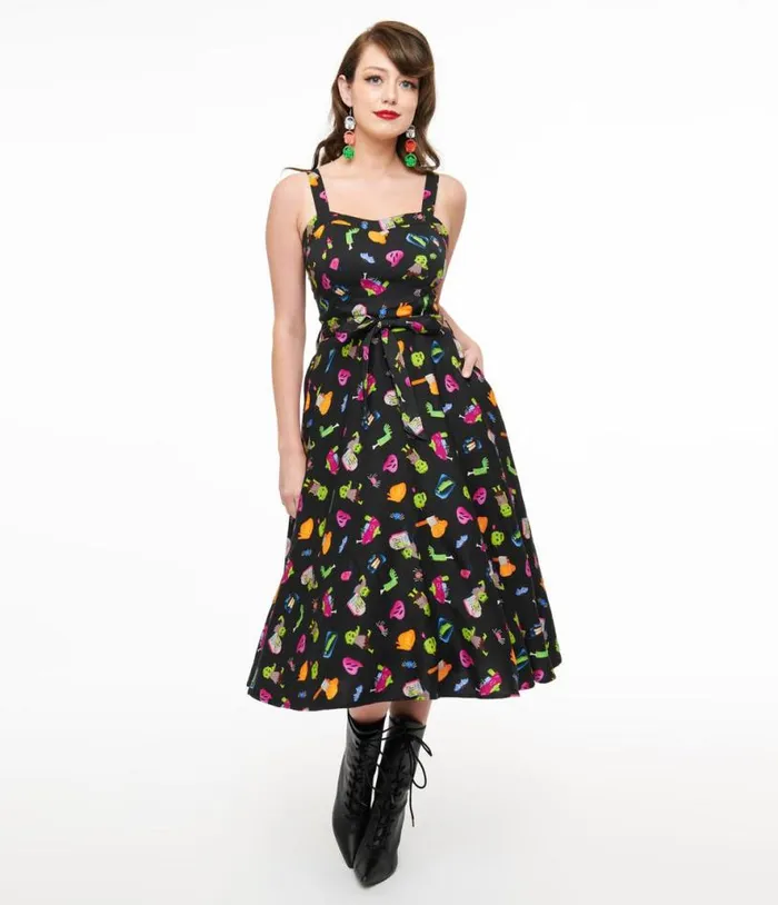 1950s Black Zombie Print Lori Swing Dress DressesHalloween Unique Vintage Pocket Dresses