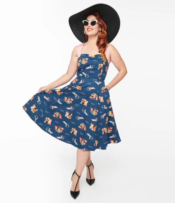 1950s Blue Cotton Portofino Living Print Swing Dress Dresses Unique Vintage Pocket Dresses 1950s Blue Cotton Portofino Living Print Swing Dress Dresses Unique Vintage Pocket Dresses