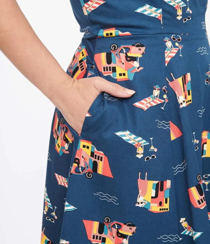 1950s Blue Cotton Portofino Living Print Swing Dress Dresses Unique Vintage Pocket Dresses
