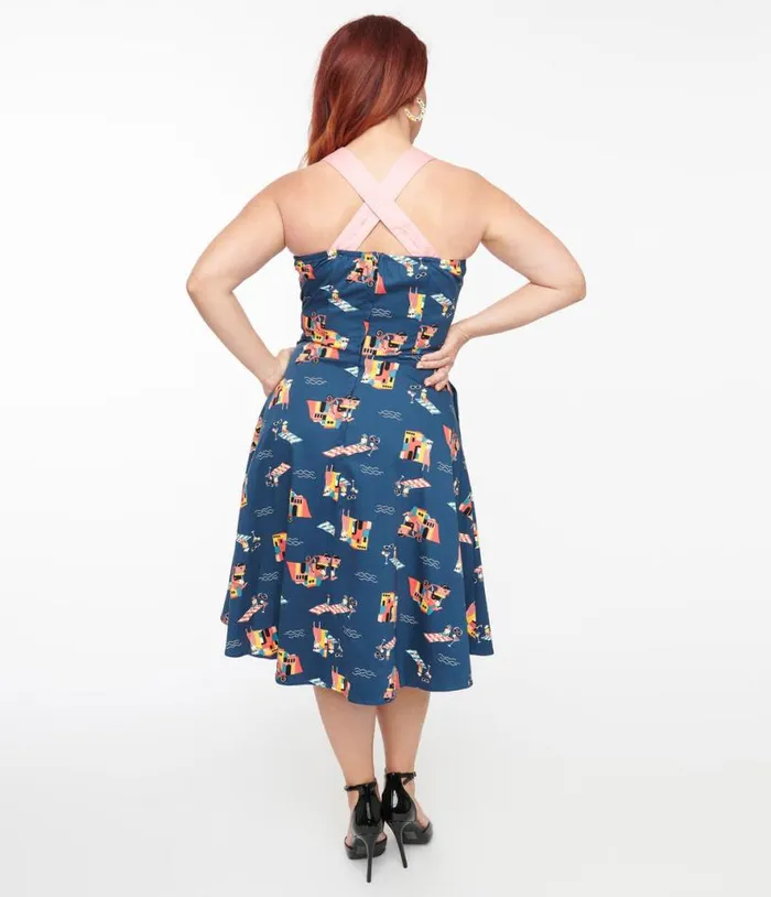 1950s Blue Cotton Portofino Living Print Swing Dress Dresses Unique Vintage Pocket Dresses