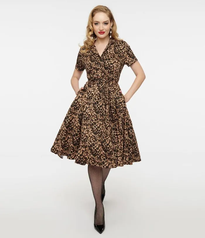 1950s Cheetah Girl Belted Swing Dress Dresses Unique Vintage Pocket Dresses