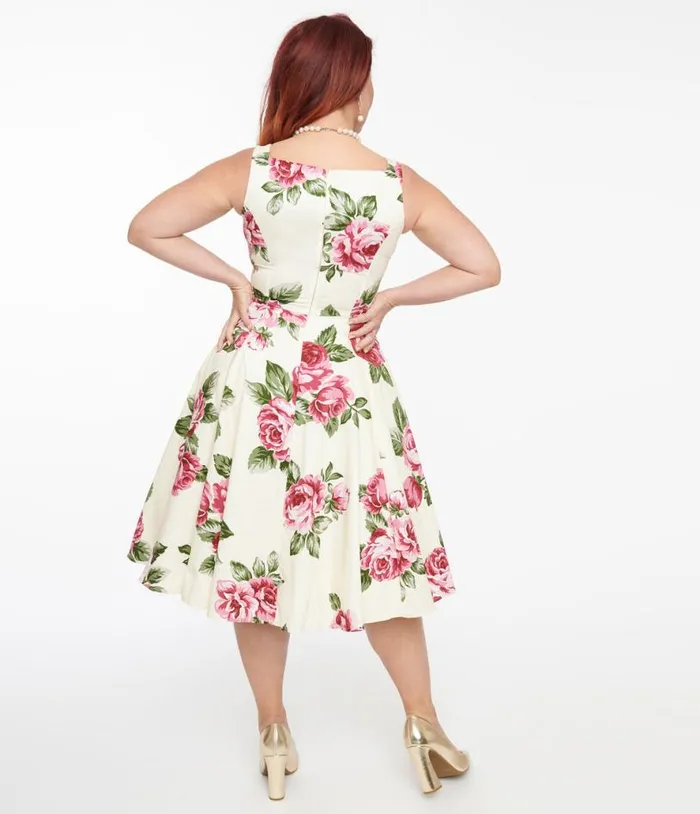 1950s Cream and Pink Floral Frances Swing Dress Dresses Unique Vintage Pocket Dresses