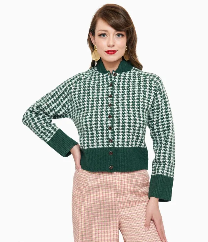 1950s Green and White Houndstooth Hattie Cardigan Clothing Unique Vintage Sweaters and Cardigans 1950s Green and White Houndstooth Hattie Cardigan Clothing Unique Vintage Sweaters and Cardigans
