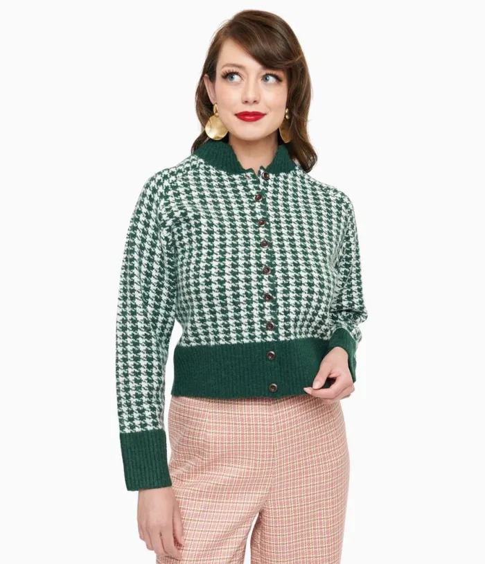 1950s Green and White Houndstooth Hattie Cardigan Clothing Unique Vintage Sweaters and Cardigans