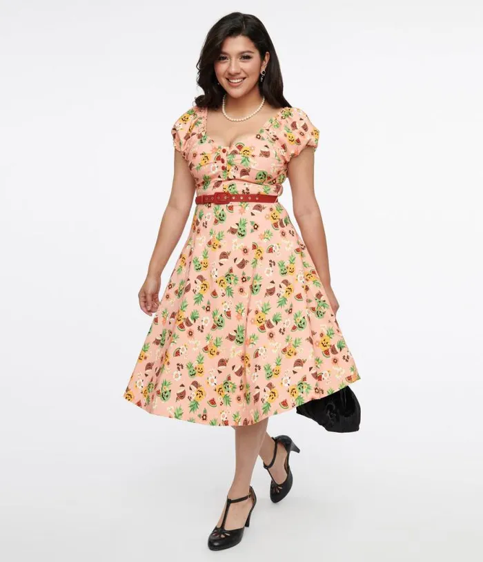 1950s Pink JackOLantern Fruit Ohara Swing Dress Dresses Unique Vintage Swing