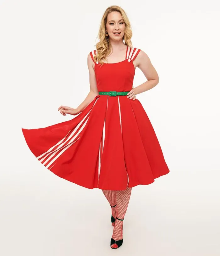 1950s Red and White Stripe Swing Dress Dresses Unique Vintage Swing