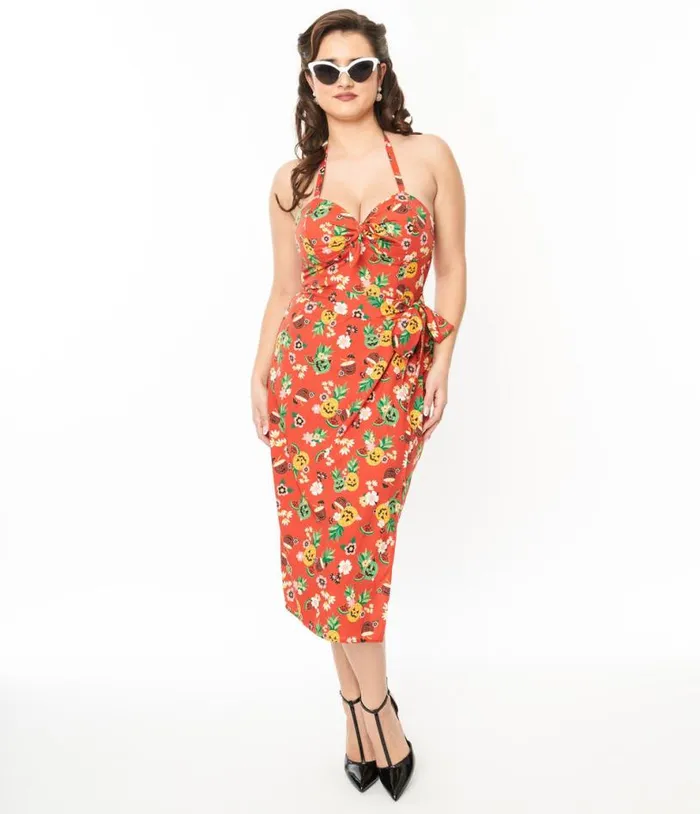 1950s Rust and JuneOWeen Fruit Print Leilani Sarong Dress Dresses Unique Vintage Pencil 1950s Rust and JuneOWeen Fruit Print Leilani Sarong Dress Dresses Unique Vintage Pencil