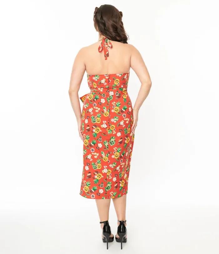 1950s Rust and JuneOWeen Fruit Print Leilani Sarong Dress Dresses Unique Vintage Pencil