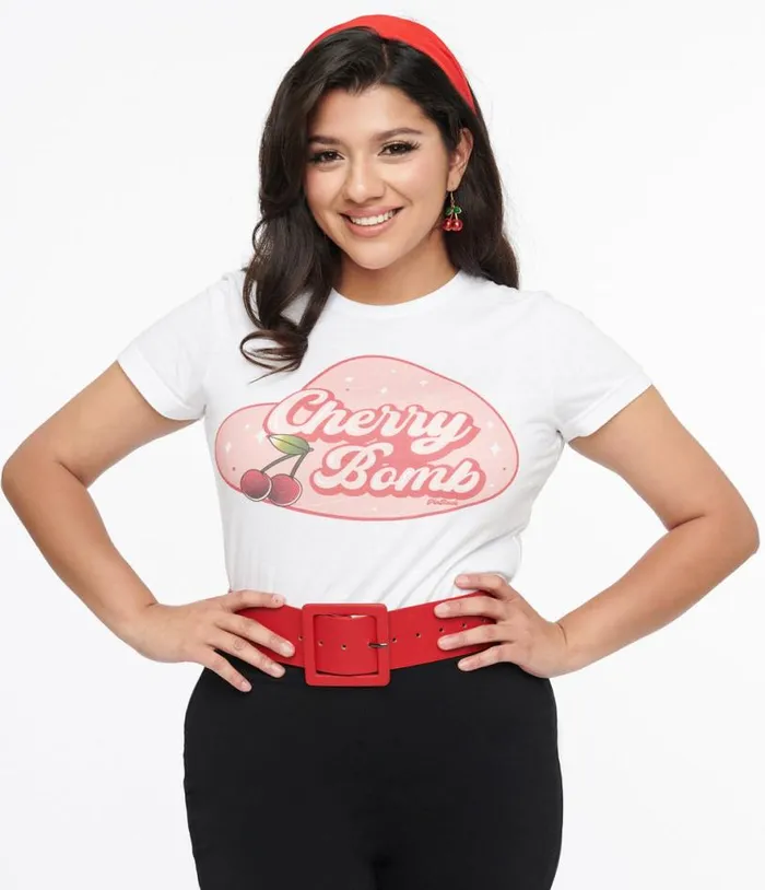1950s White and Red Cherry Bomb Fitted Graphic Tee ClothingPlus Unique Vintage Graphic Tees