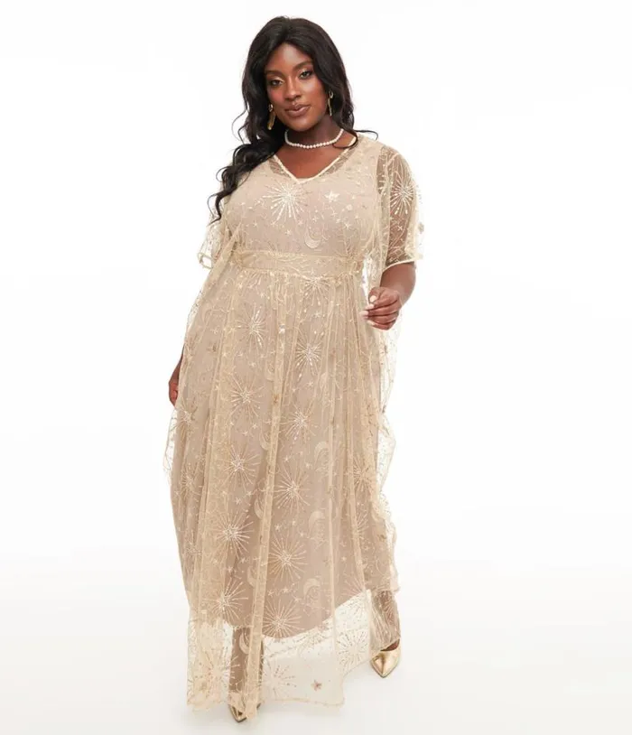 1960s Champagne Celestial Sequin Caftan DressesPlus Unique Vintage Midi and Maxi