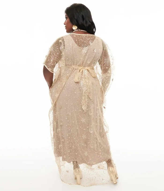 1960s Champagne Celestial Sequin Caftan DressesPlus Unique Vintage Midi and Maxi