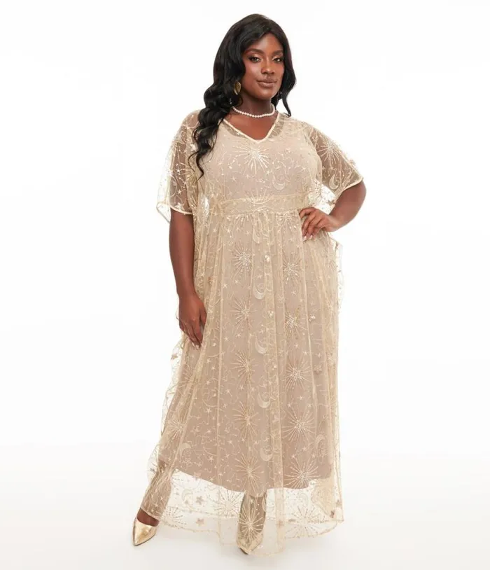 1960s Champagne Celestial Sequin Caftan DressesPlus Unique Vintage Midi and Maxi