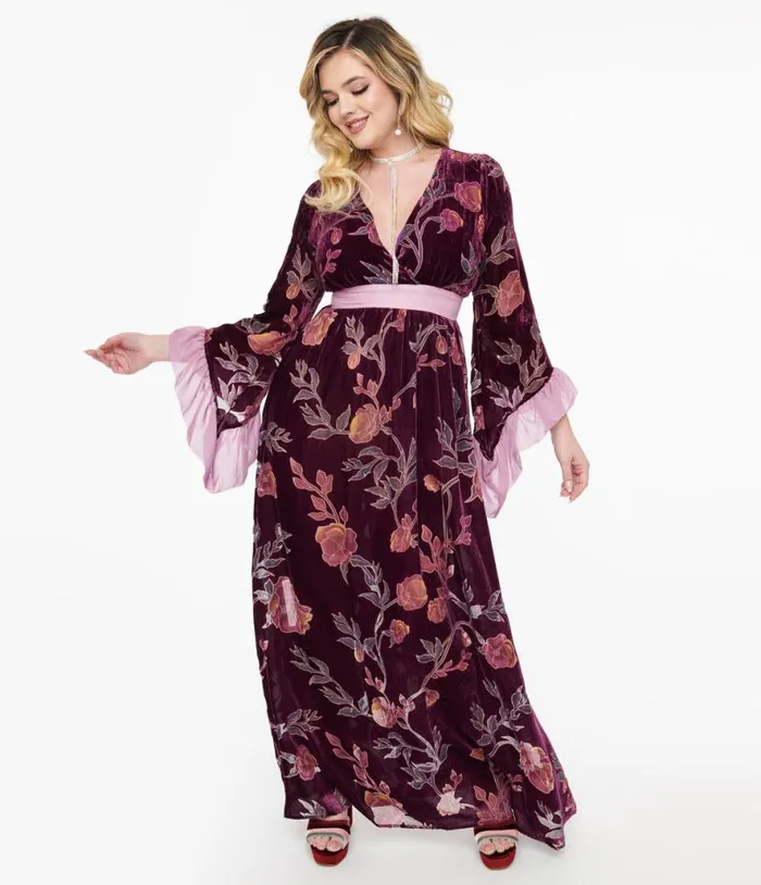 1960s Purple Floral Burnout Velvet Maxi Dress Dresses Unique Vintage Maxi