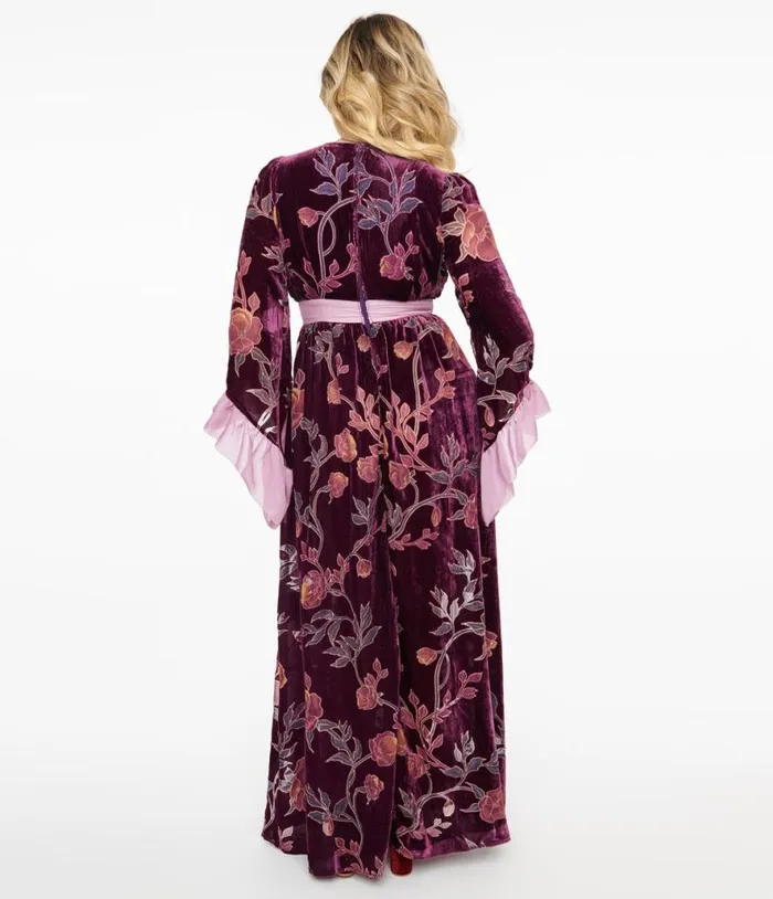 1960s Purple Floral Burnout Velvet Maxi Dress Dresses Unique Vintage Maxi