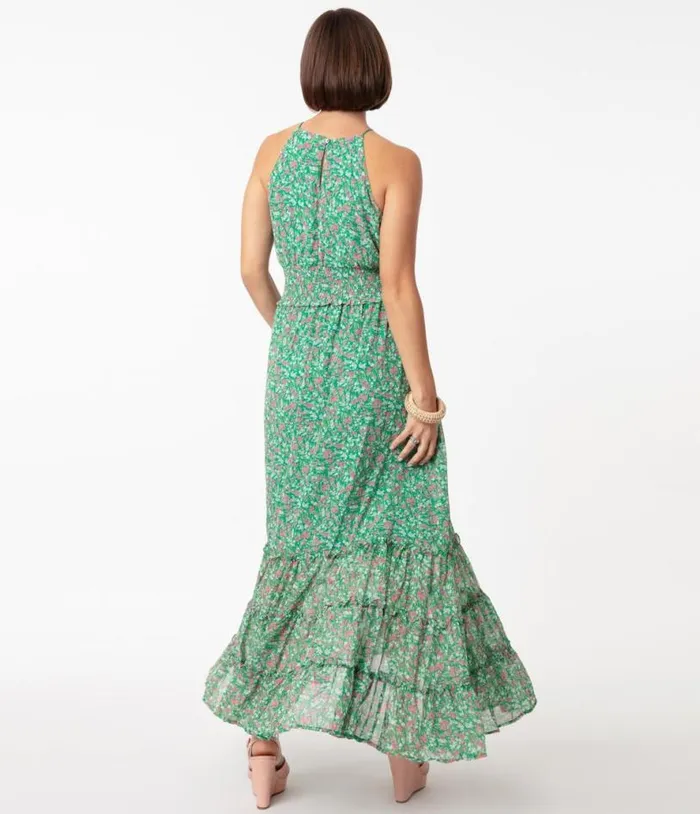 1970s Green and Pink Floral Sleeveless Maxi Dress Dresses Unique Vintage Maxi