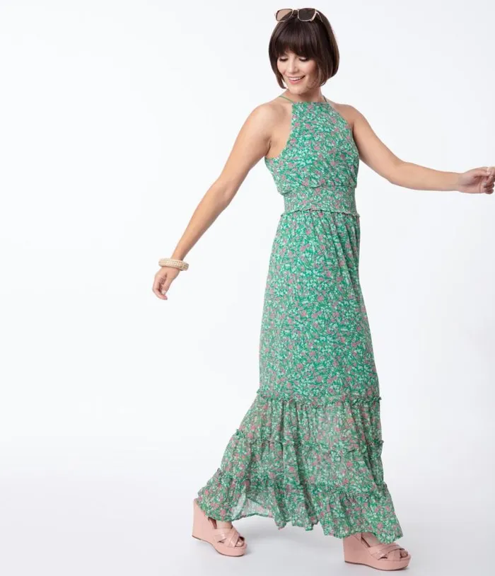 1970s Green and Pink Floral Sleeveless Maxi Dress Dresses Unique Vintage Maxi