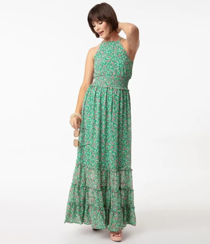 1970s Green and Pink Floral Sleeveless Maxi Dress Dresses Unique Vintage Maxi