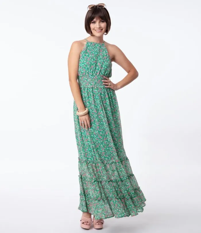 1970s Green and Pink Floral Sleeveless Maxi Dress Dresses Unique Vintage Maxi