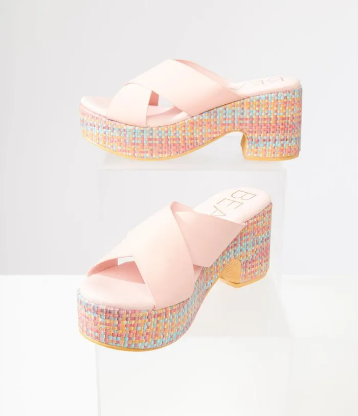 1970s Pink and Rainbow Woven Nellie Platform Sandals Shoes Unique Vintage Sandals 1970s Pink and Rainbow Woven Nellie Platform Sandals Shoes Unique Vintage Sandals