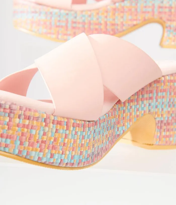 1970s Pink and Rainbow Woven Nellie Platform Sandals Shoes Unique Vintage Sandals