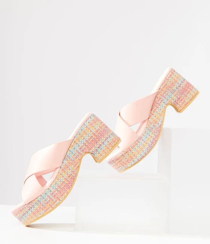 1970s Pink and Rainbow Woven Nellie Platform Sandals Shoes Unique Vintage Sandals