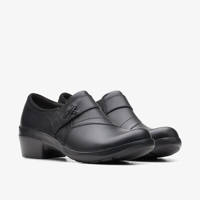 Angie Pearl Black Leather Women Clarks Clogs and Mules
