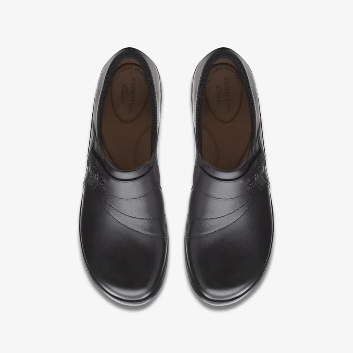 Angie Pearl Black Leather Women Clarks Clogs and Mules