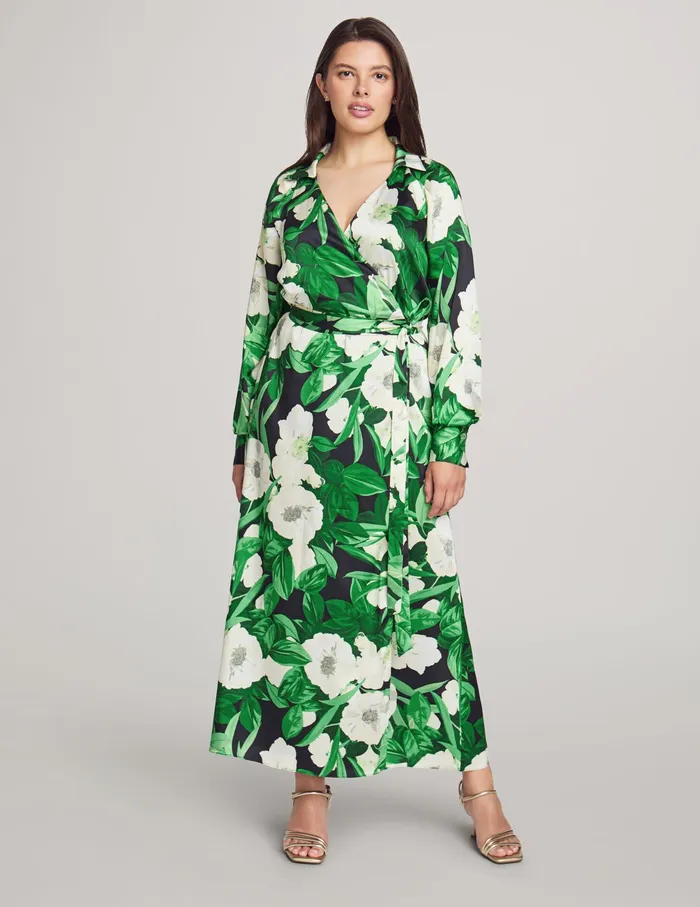 Anne Klein Faux Wrap Maxi Dress With Blouson Sleeves Emerald Mint Multi Women Clothing