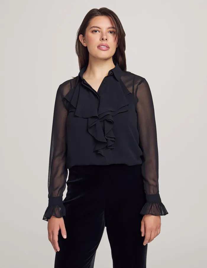 Anne Klein Long Sleeve Ruffle Button Down Blouse Anne Black Women Clothing
