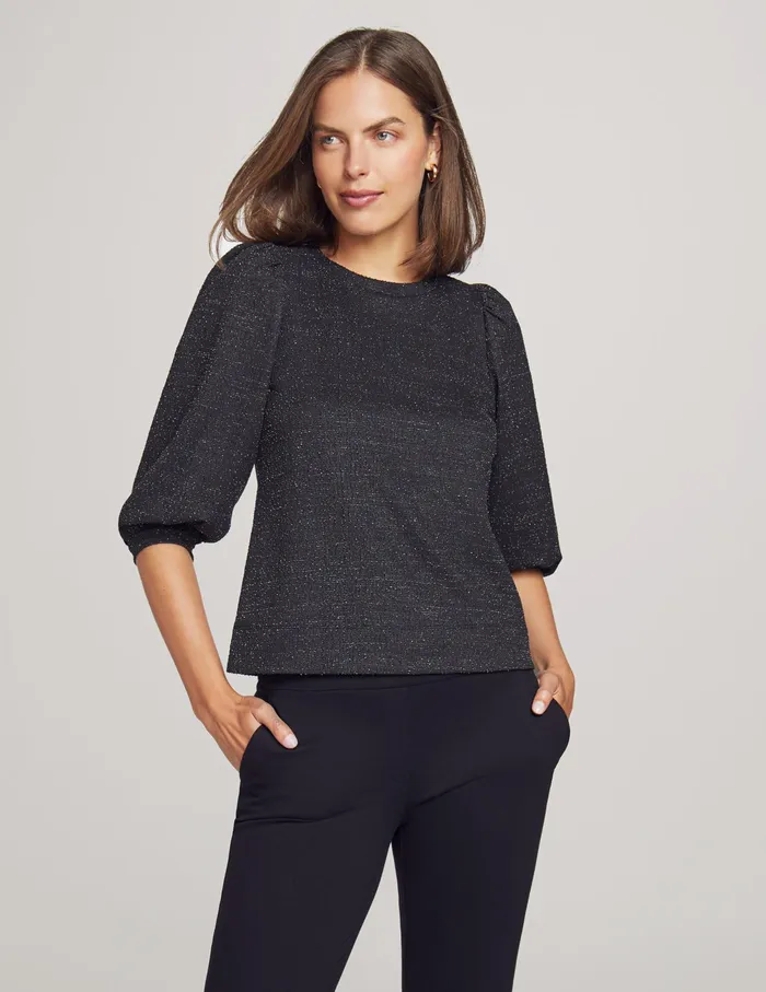 Anne Klein Shimmer Tweed Balloon Sleeve Pullover Anne Black Women Clothing