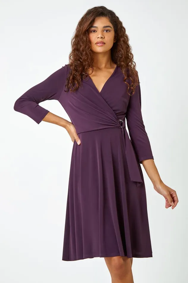 Aubergine Ring Buckle Wrap Stretch Dress Women Roman Dresses