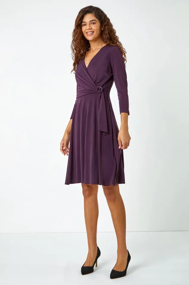 Aubergine Ring Buckle Wrap Stretch Dress Women Roman Dresses