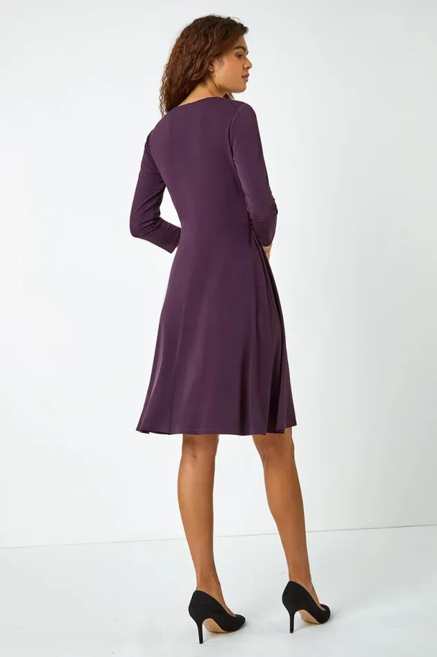 Aubergine Ring Buckle Wrap Stretch Dress Women Roman Dresses