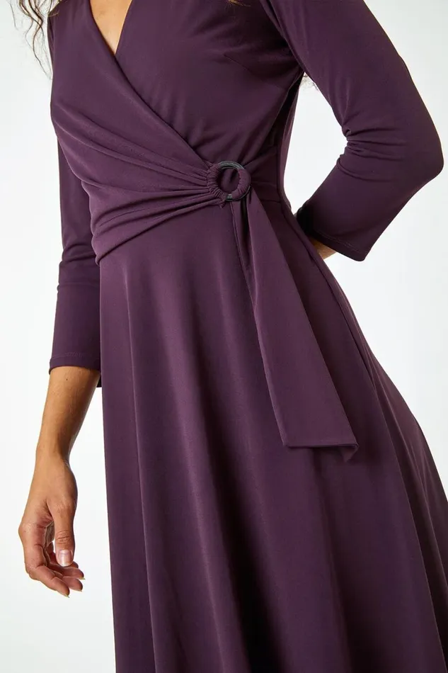Aubergine Ring Buckle Wrap Stretch Dress Women Roman Dresses