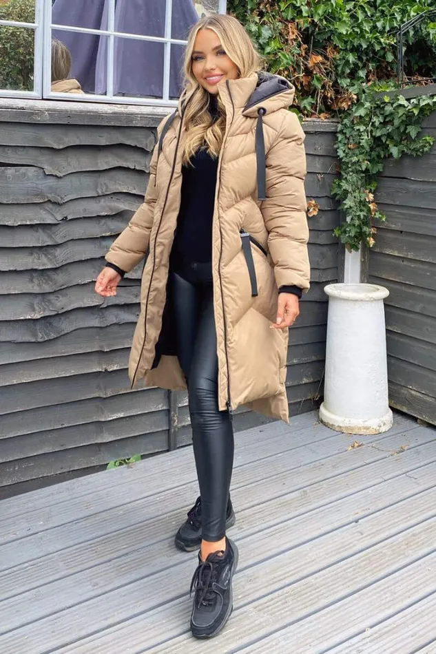 AX Paris Biscuit Hooded Long Line Puffer Coat Coats and Jackets