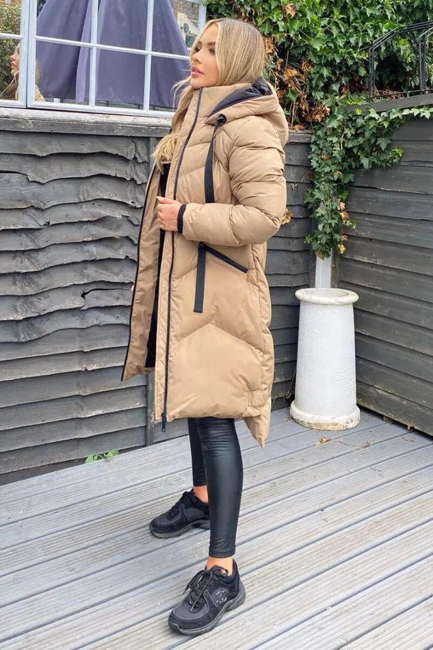 AX Paris Biscuit Hooded Long Line Puffer Coat Coats and Jackets