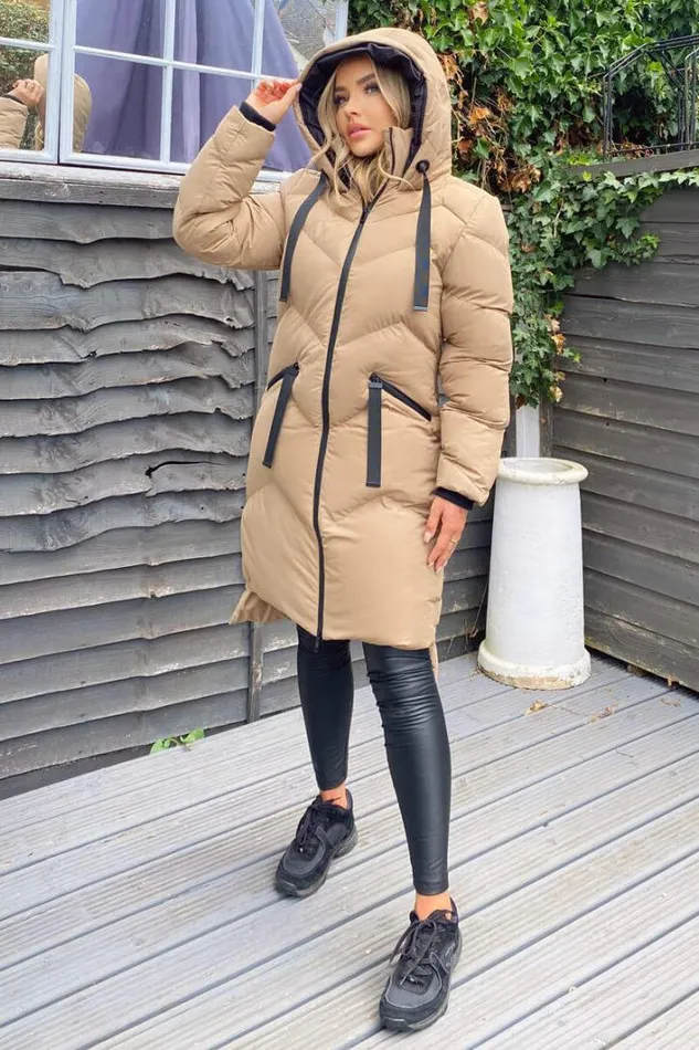 AX Paris Biscuit Hooded Long Line Puffer Coat Coats and Jackets