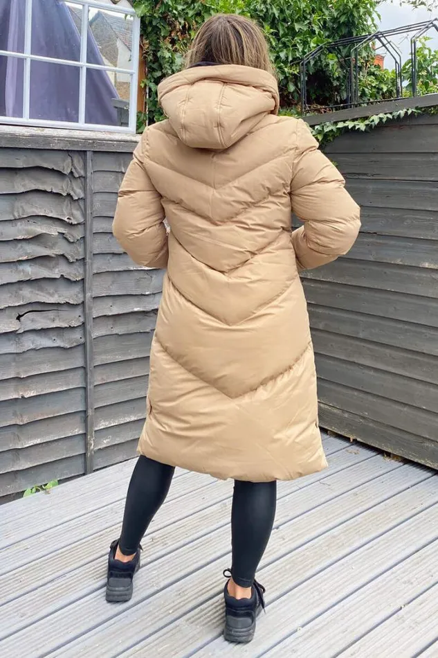 AX Paris Biscuit Hooded Long Line Puffer Coat Coats and Jackets