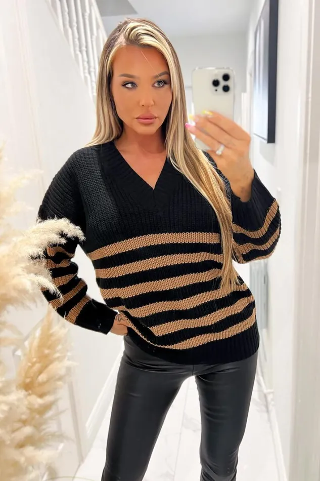 AX Paris Black And Camel Stripe VNeck Knit Jumper Knitwear