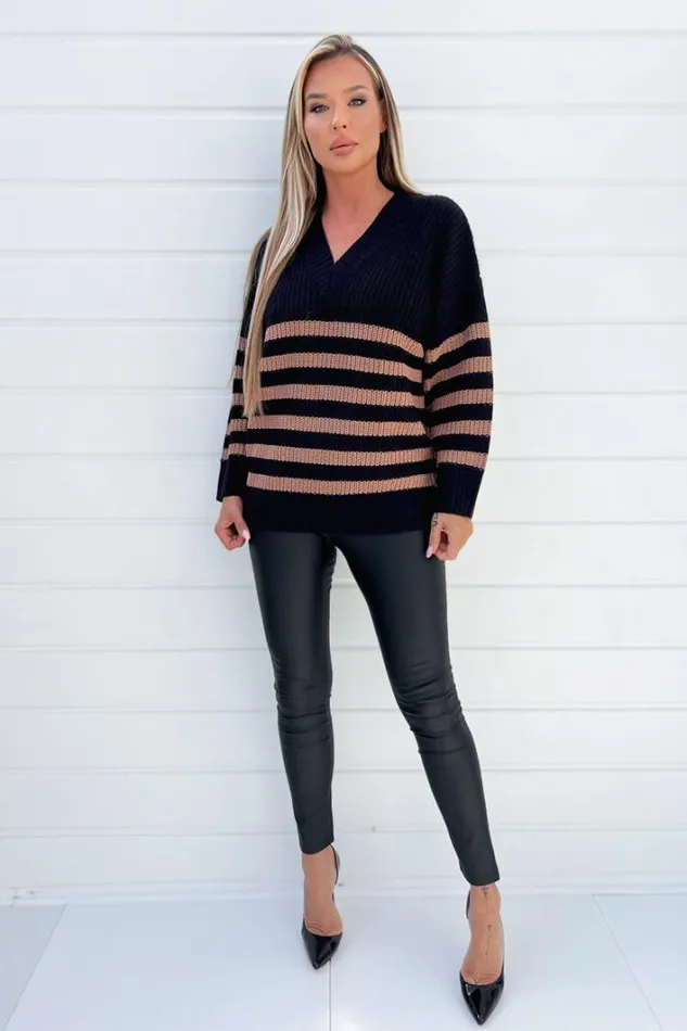 AX Paris Black And Camel Stripe VNeck Knit Jumper Knitwear
